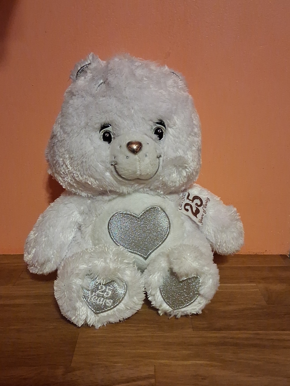 25 Year Anniversary Care Bears White Plush Teddy Bear with Silver Hearts